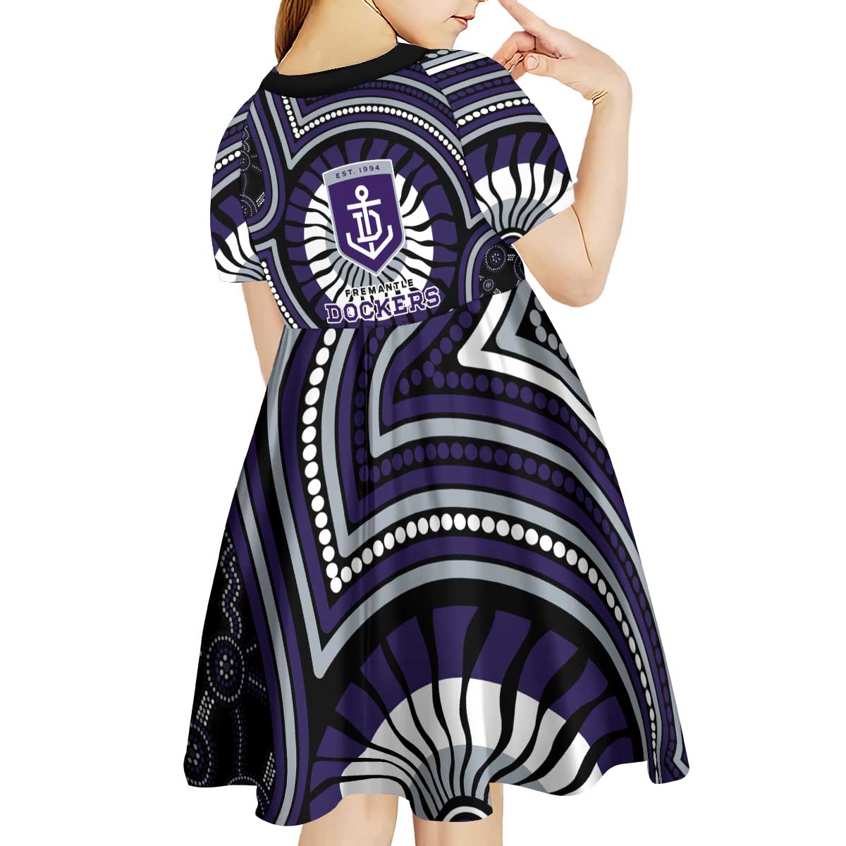 Fremantle Dockers Kid Short Sleeve Dress Indigenous Monochrome Dot Art Mascot Style