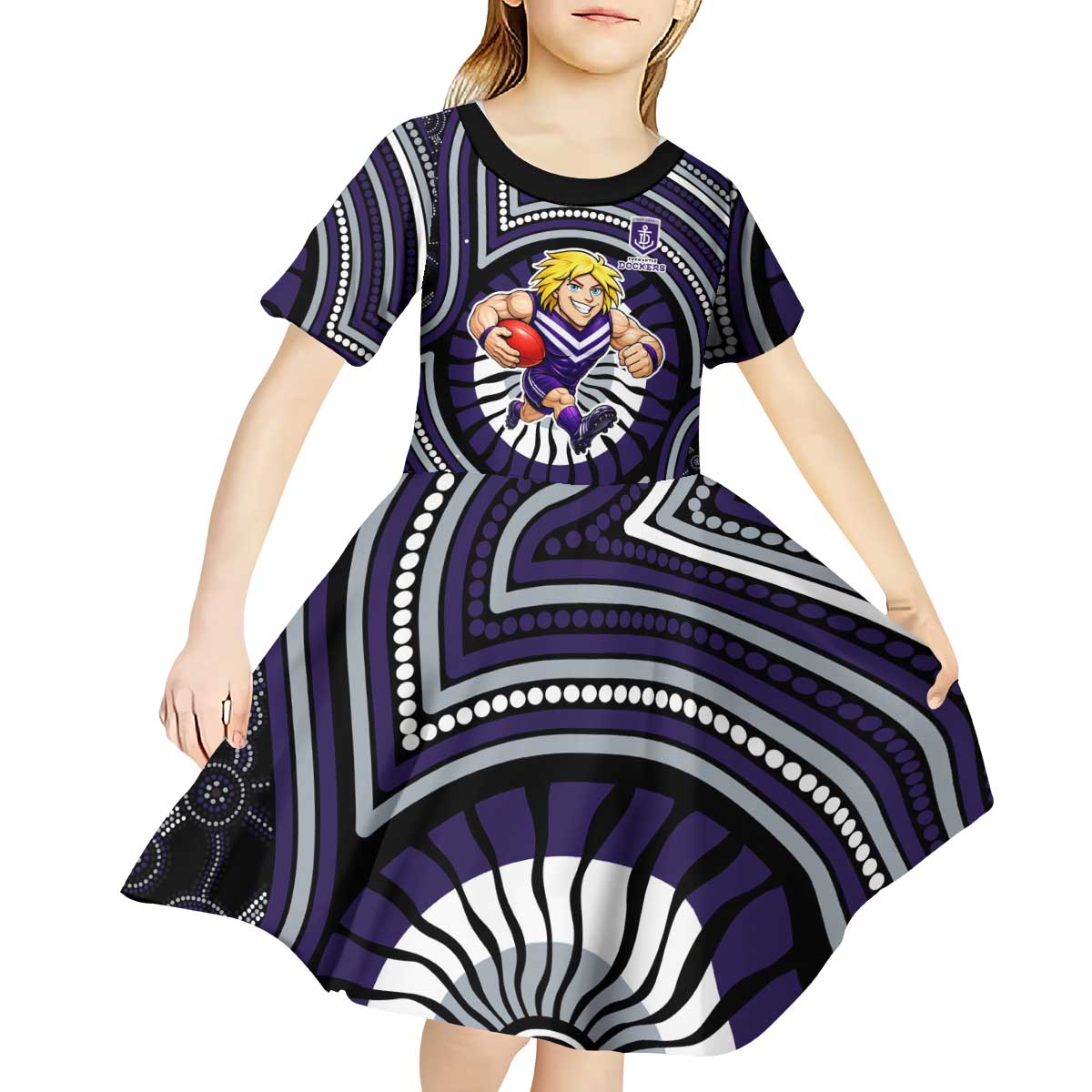 Fremantle Dockers Kid Short Sleeve Dress Indigenous Monochrome Dot Art Mascot Style
