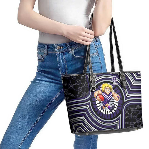 Fremantle Dockers Leather Tote Bag Indigenous Monochrome Dot Art Mascot Style