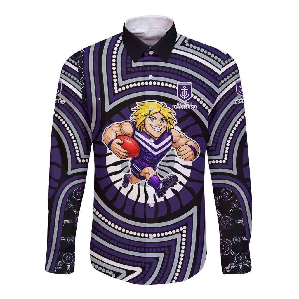Fremantle Dockers Long Sleeve Button Shirt Indigenous Monochrome Dot Art Mascot Style