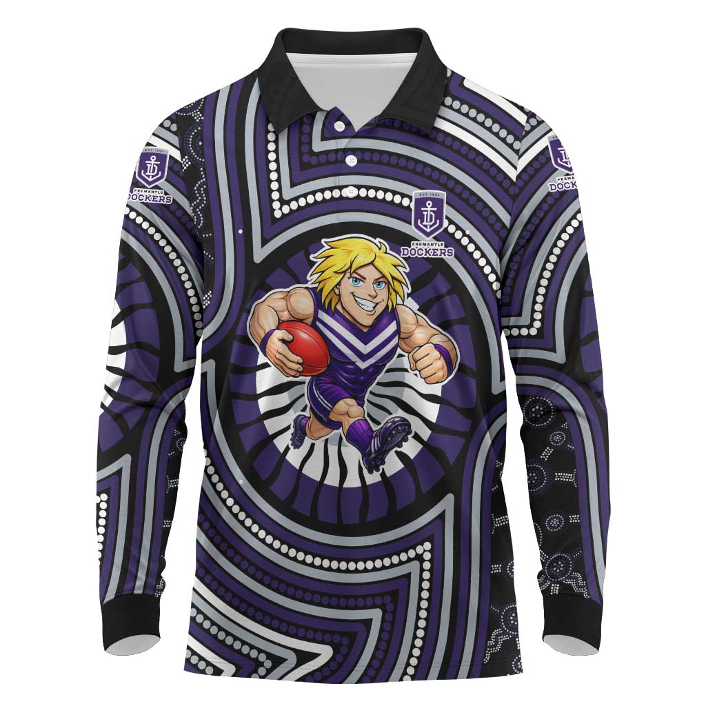 Fremantle Dockers Long Sleeve Polo Shirt Indigenous Monochrome Dot Art Mascot Style