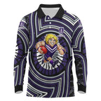 Fremantle Dockers Long Sleeve Polo Shirt Indigenous Monochrome Dot Art Mascot Style