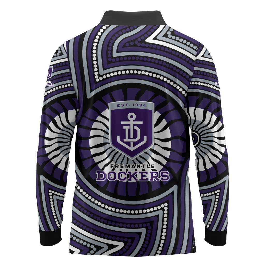 Fremantle Dockers Long Sleeve Polo Shirt Indigenous Monochrome Dot Art Mascot Style
