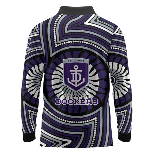 Fremantle Dockers Long Sleeve Polo Shirt Indigenous Monochrome Dot Art Mascot Style