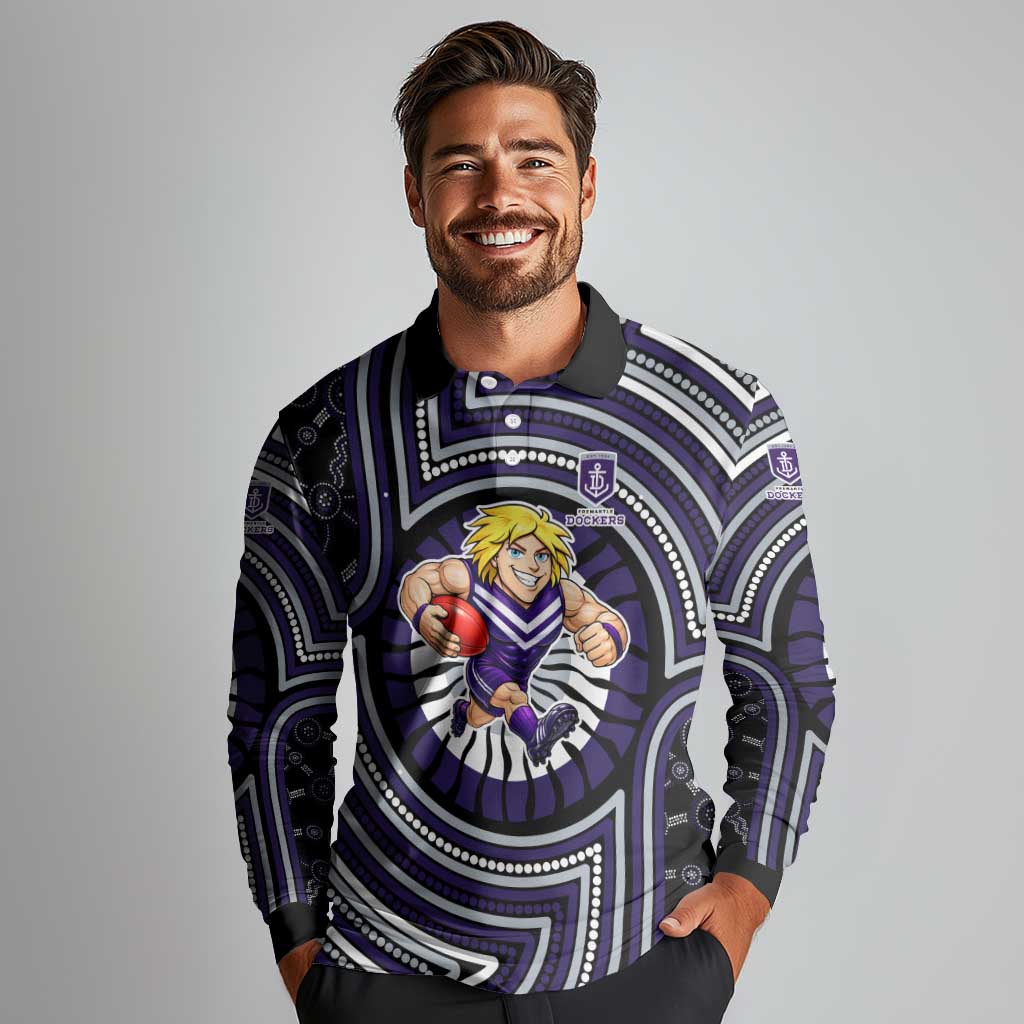 Fremantle Dockers Long Sleeve Polo Shirt Indigenous Monochrome Dot Art Mascot Style