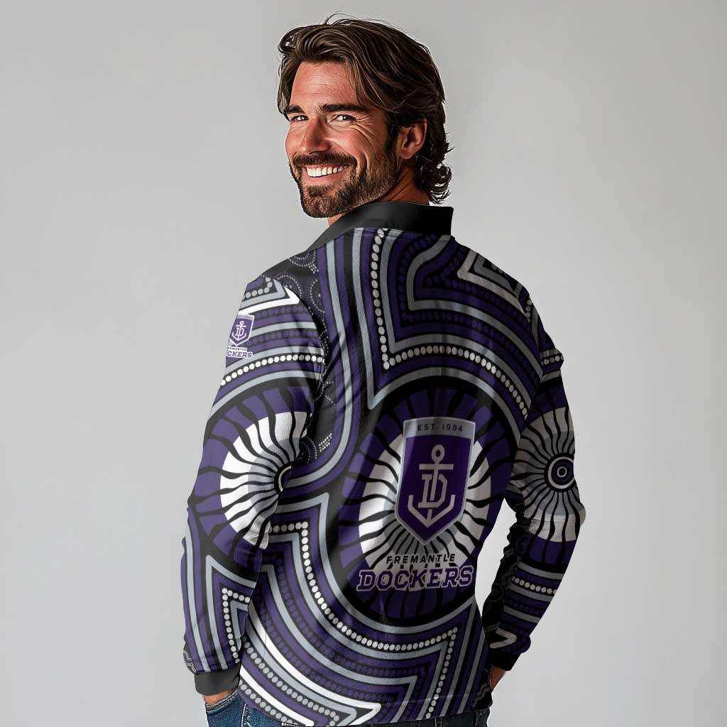 Fremantle Dockers Long Sleeve Polo Shirt Indigenous Monochrome Dot Art Mascot Style