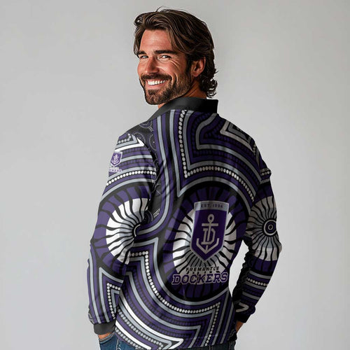 Fremantle Dockers Long Sleeve Polo Shirt Indigenous Monochrome Dot Art Mascot Style