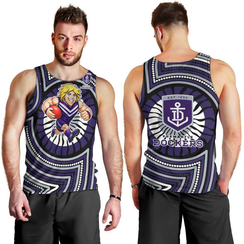 Fremantle Dockers Men Tank Top Indigenous Monochrome Dot Art Mascot Style