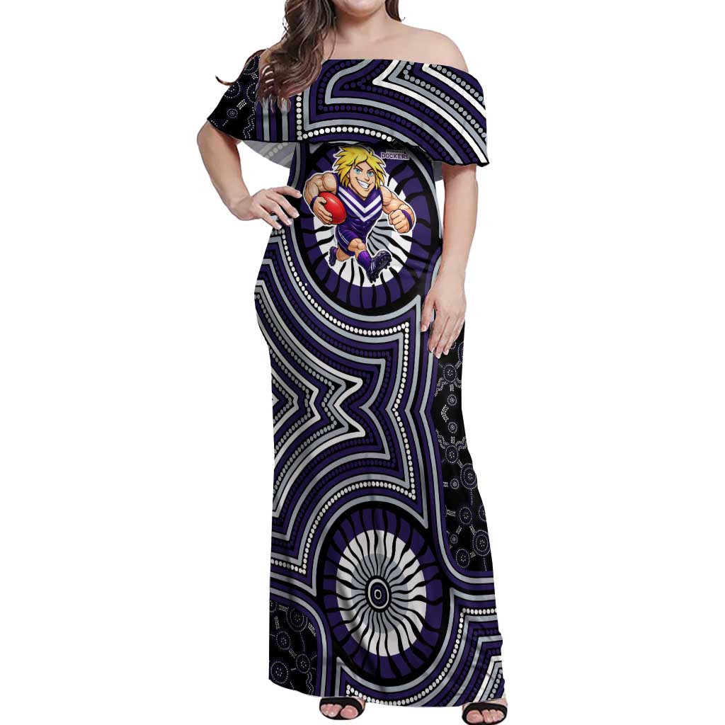 Fremantle Dockers Off Shoulder Maxi Dress Indigenous Monochrome Dot Art Mascot Style
