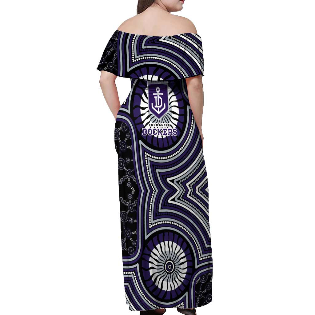 Fremantle Dockers Off Shoulder Maxi Dress Indigenous Monochrome Dot Art Mascot Style