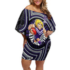 Fremantle Dockers Off Shoulder Short Dress Indigenous Monochrome Dot Art Mascot Style
