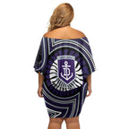 Fremantle Dockers Off Shoulder Short Dress Indigenous Monochrome Dot Art Mascot Style