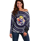Fremantle Dockers Off Shoulder Sweater Indigenous Monochrome Dot Art Mascot Style