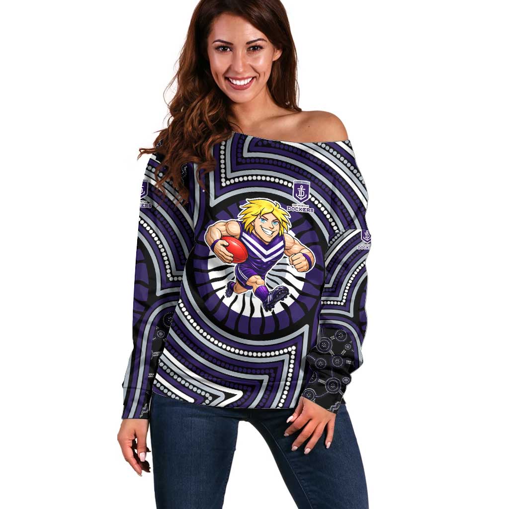 Fremantle Dockers Off Shoulder Sweater Indigenous Monochrome Dot Art Mascot Style