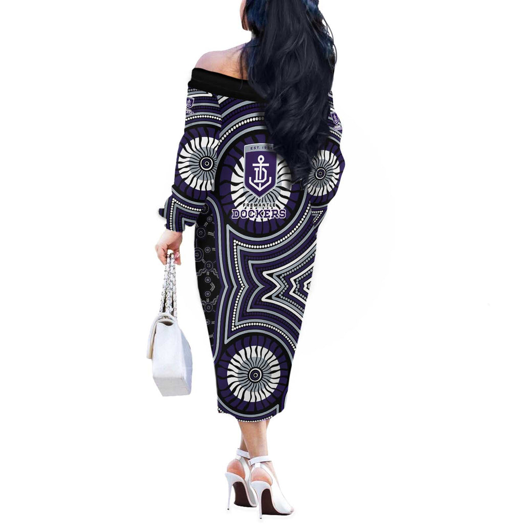 Fremantle Dockers Off The Shoulder Long Sleeve Dress Indigenous Monochrome Dot Art Mascot Style