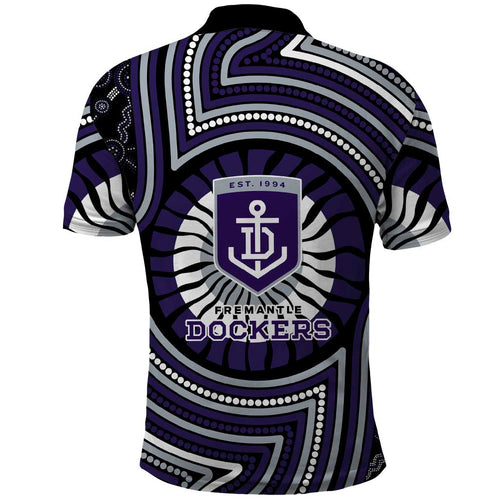 Fremantle Dockers Polo Shirt Indigenous Monochrome Dot Art Mascot Style