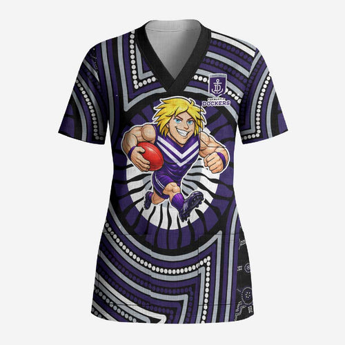 Fremantle Dockers Scrub Top Indigenous Monochrome Dot Art Mascot Style