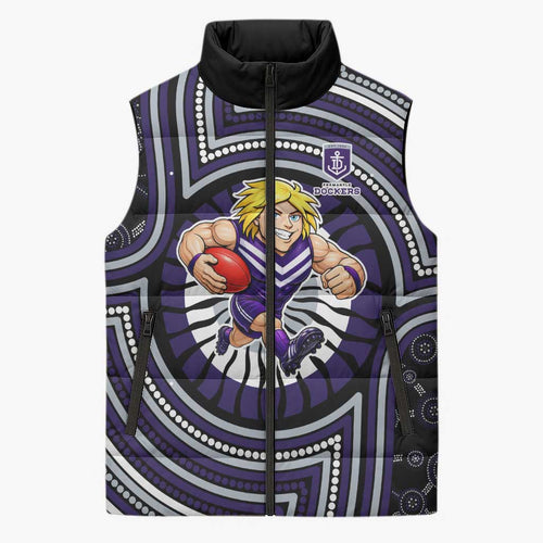 Fremantle Dockers Sleeveless Puffer Jacket Indigenous Monochrome Dot Art Mascot Style