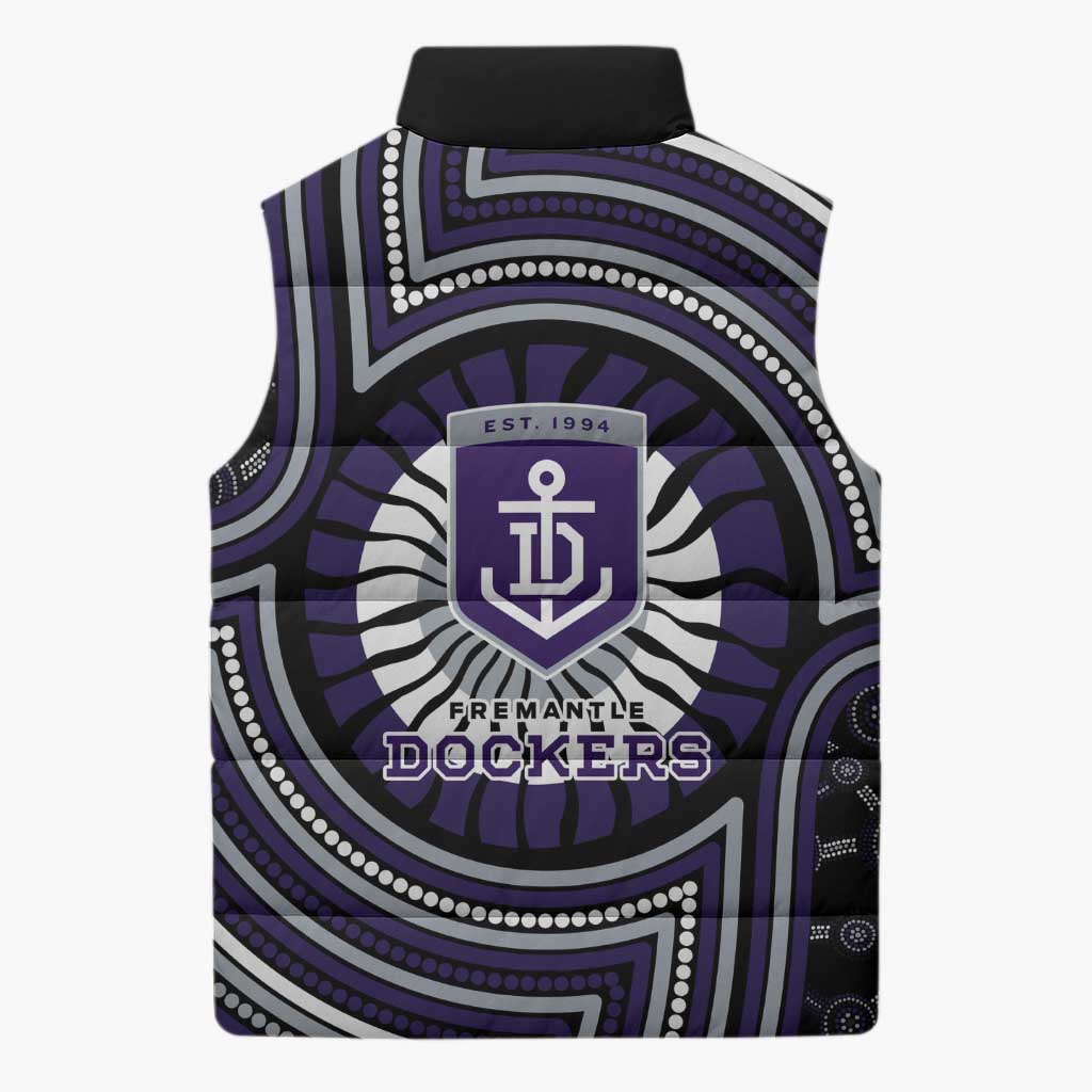 Fremantle Dockers Sleeveless Puffer Jacket Indigenous Monochrome Dot Art Mascot Style