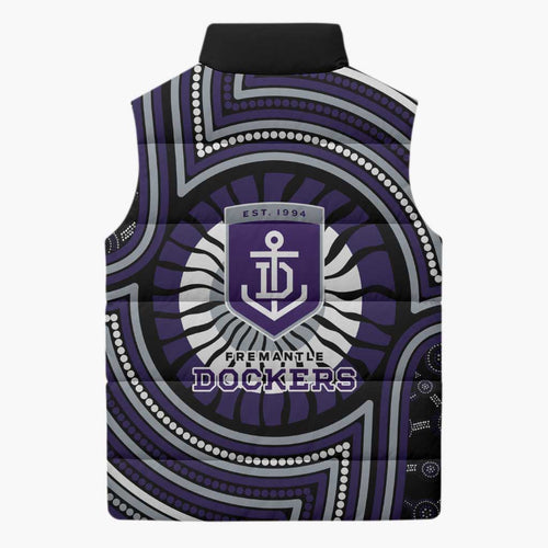 Fremantle Dockers Sleeveless Puffer Jacket Indigenous Monochrome Dot Art Mascot Style