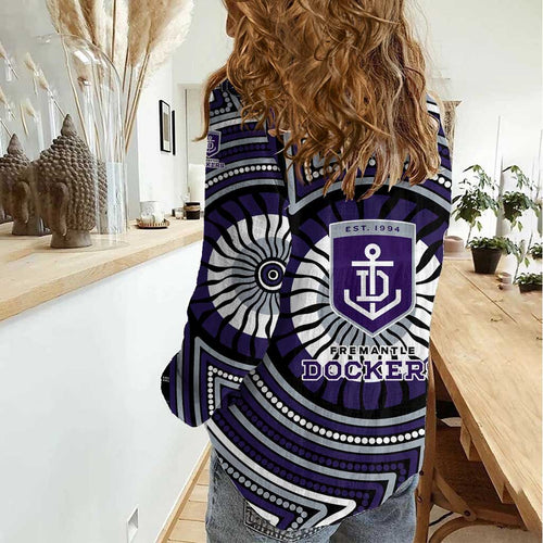 Fremantle Dockers Women Casual Shirt Indigenous Monochrome Dot Art Mascot Style