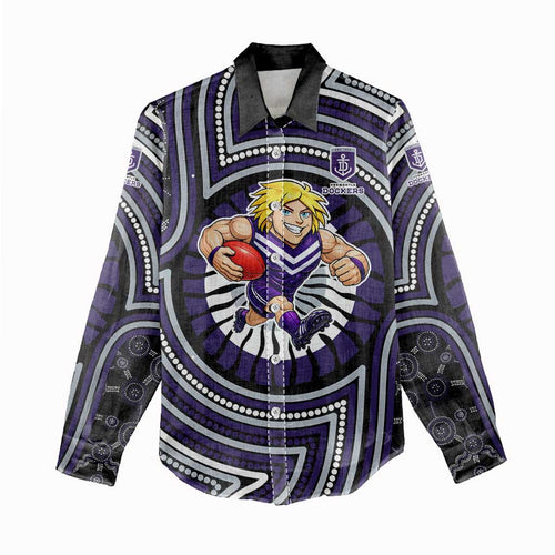 Fremantle Dockers Women Casual Shirt Indigenous Monochrome Dot Art Mascot Style