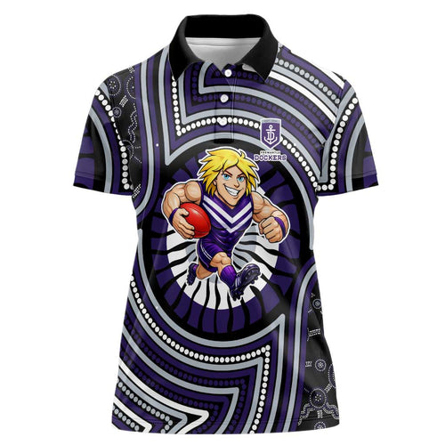 Fremantle Dockers Women Polo Shirt Indigenous Monochrome Dot Art Mascot Style