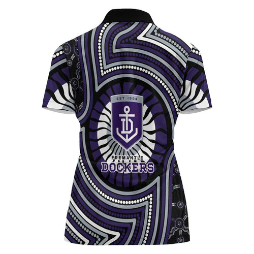 Fremantle Dockers Women Polo Shirt Indigenous Monochrome Dot Art Mascot Style
