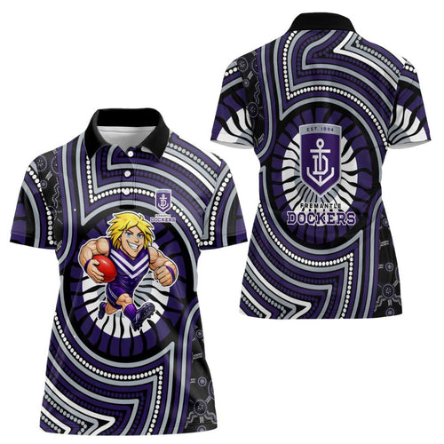Fremantle Dockers Women Polo Shirt Indigenous Monochrome Dot Art Mascot Style