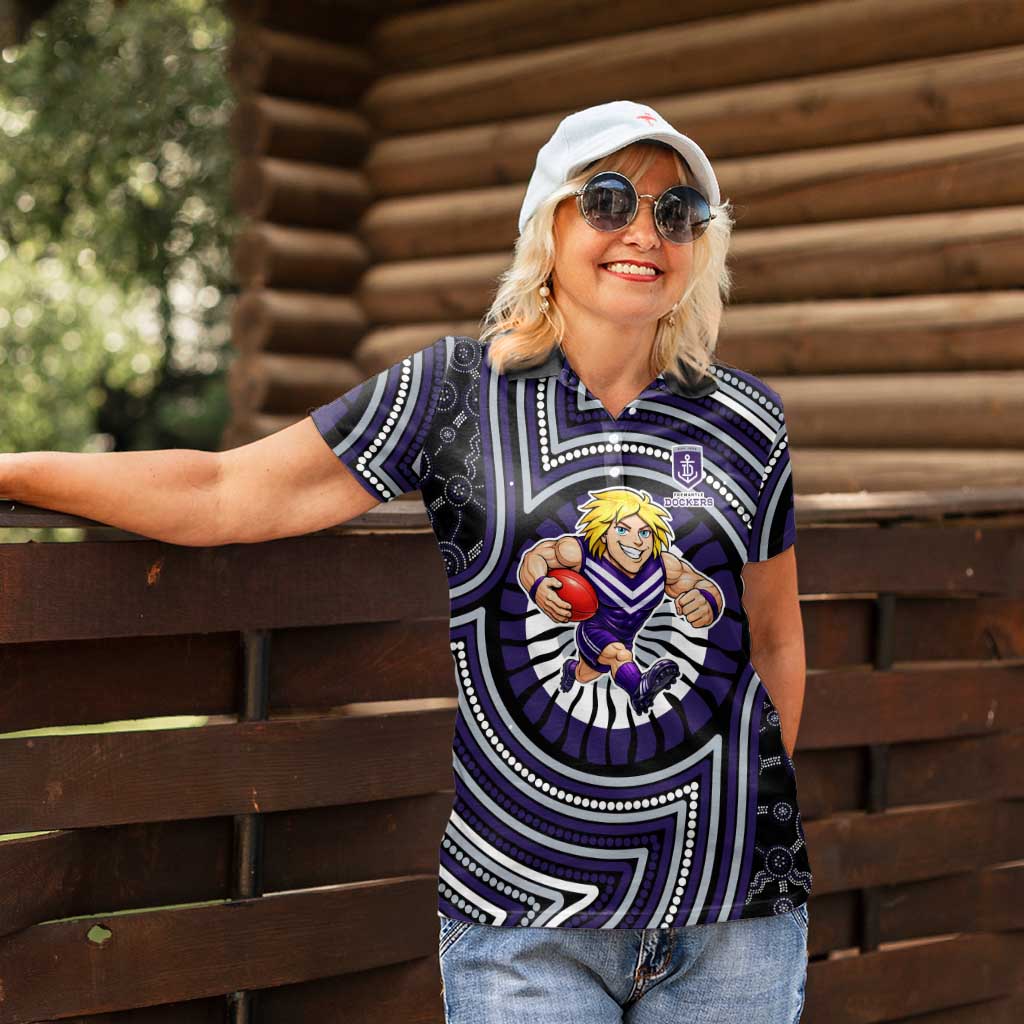 Fremantle Dockers Women Polo Shirt Indigenous Monochrome Dot Art Mascot Style