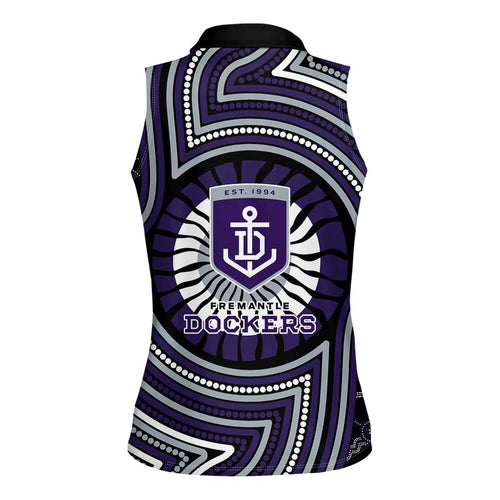 Fremantle Dockers Women Sleeveless Polo Shirt Indigenous Monochrome Dot Art Mascot Style