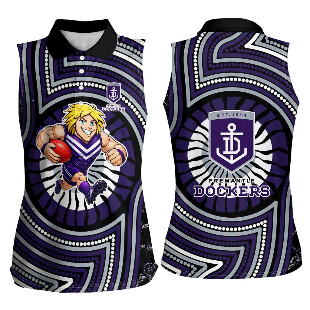 Fremantle Dockers Women Sleeveless Polo Shirt Indigenous Monochrome Dot Art Mascot Style