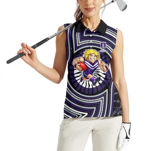 Fremantle Dockers Women Sleeveless Polo Shirt Indigenous Monochrome Dot Art Mascot Style