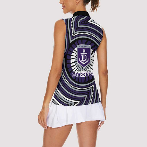 Fremantle Dockers Women Sleeveless Polo Shirt Indigenous Monochrome Dot Art Mascot Style