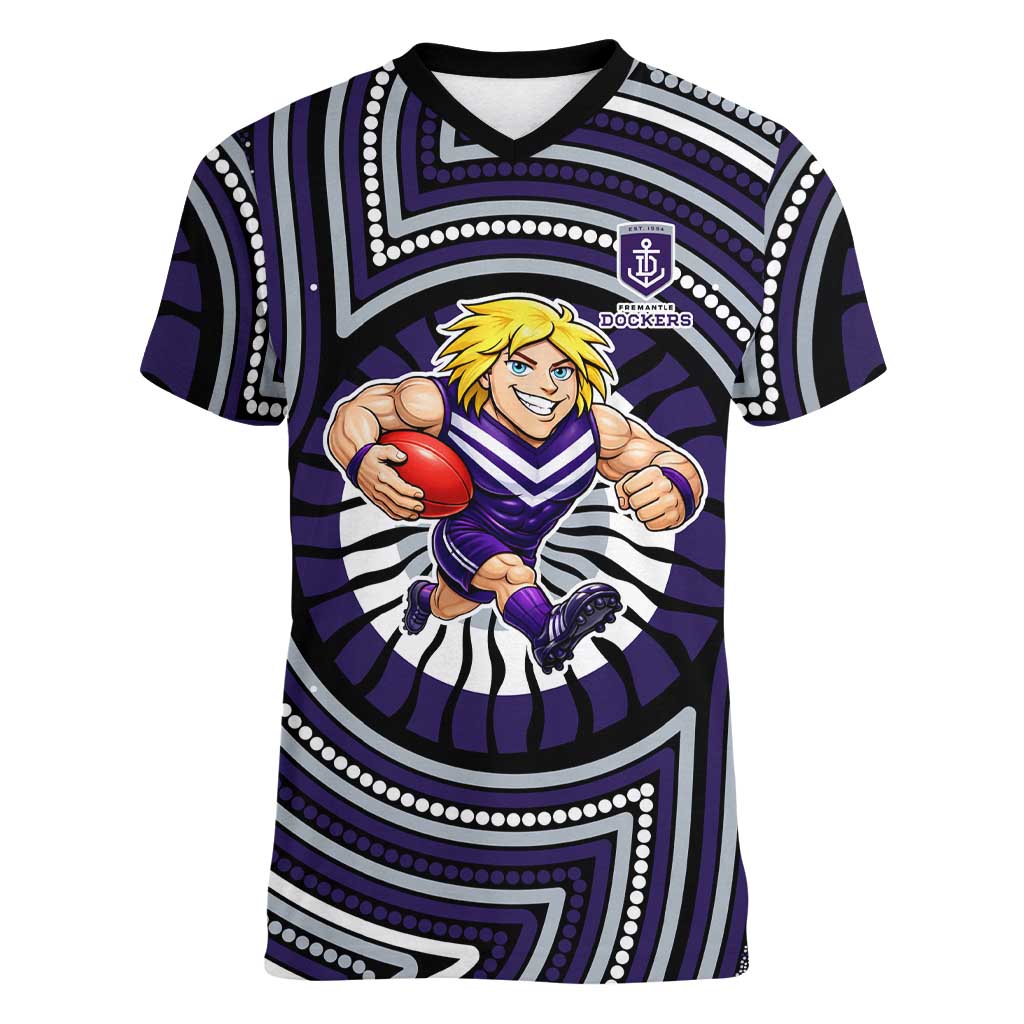 Fremantle Dockers Women V-Neck T-Shirt Indigenous Monochrome Dot Art Mascot Style