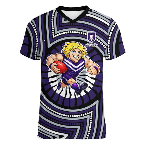 Fremantle Dockers Women V-Neck T-Shirt Indigenous Monochrome Dot Art Mascot Style