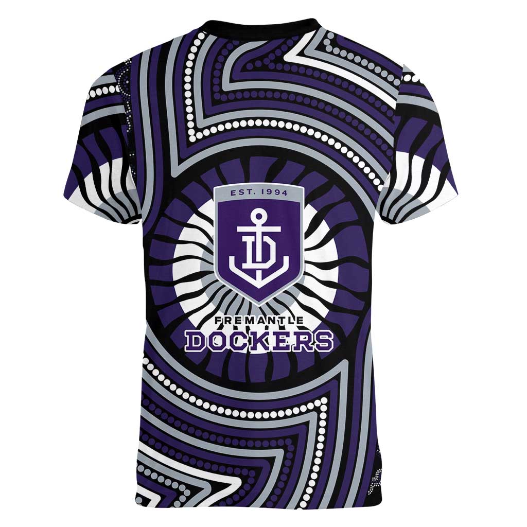 Fremantle Dockers Women V-Neck T-Shirt Indigenous Monochrome Dot Art Mascot Style