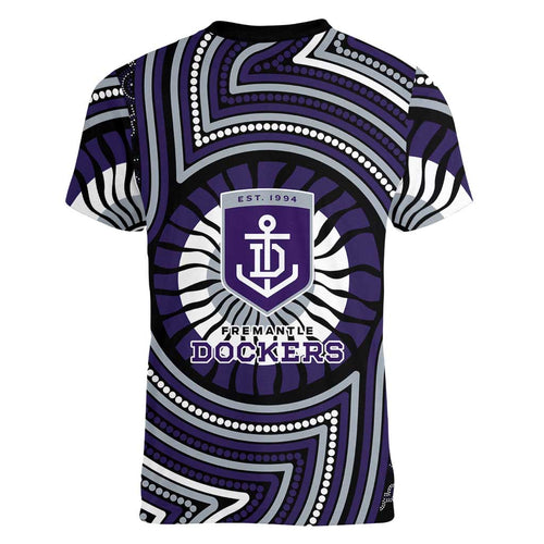 Fremantle Dockers Women V-Neck T-Shirt Indigenous Monochrome Dot Art Mascot Style