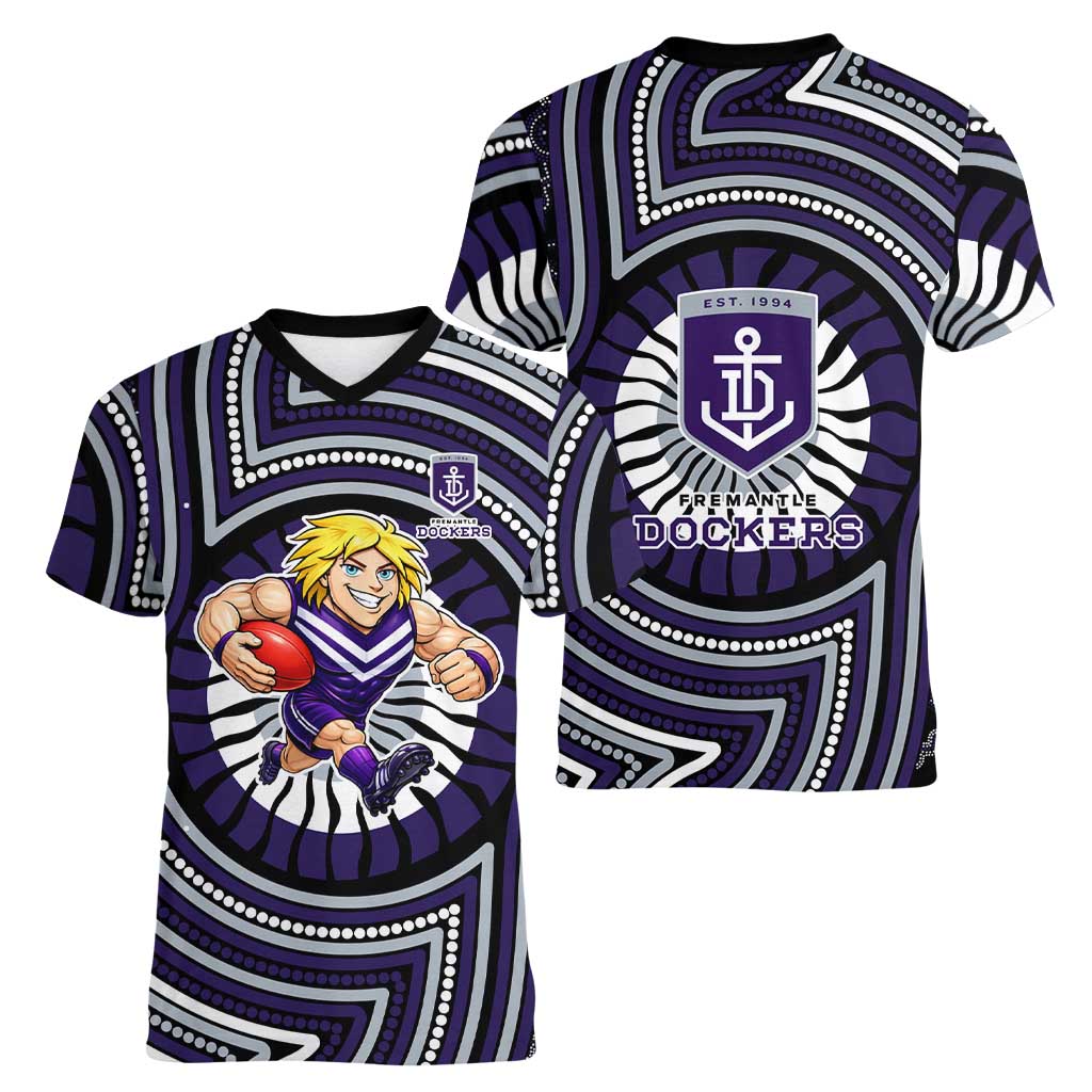 Fremantle Dockers Women V-Neck T-Shirt Indigenous Monochrome Dot Art Mascot Style
