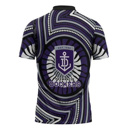 Fremantle Dockers Zipper Polo Shirt Indigenous Monochrome Dot Art Mascot Style