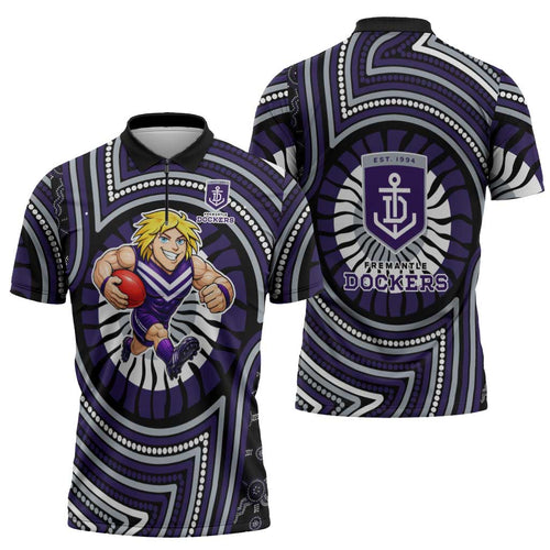 Fremantle Dockers Zipper Polo Shirt Indigenous Monochrome Dot Art Mascot Style