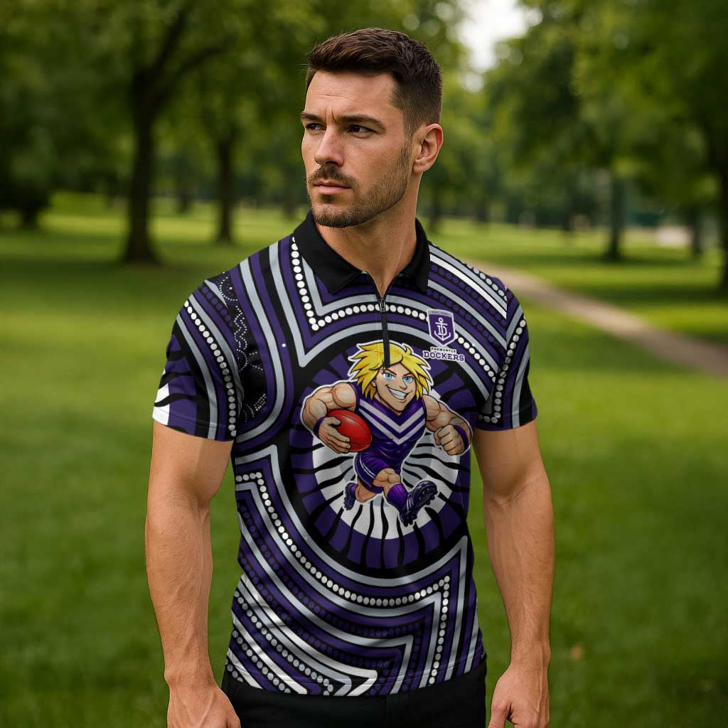 Fremantle Dockers Zipper Polo Shirt Indigenous Monochrome Dot Art Mascot Style