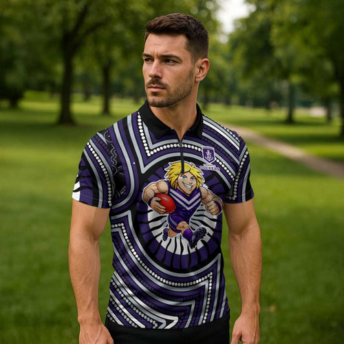 Fremantle Dockers Zipper Polo Shirt Indigenous Monochrome Dot Art Mascot Style
