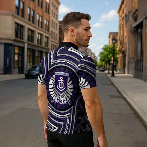 Fremantle Dockers Zipper Polo Shirt Indigenous Monochrome Dot Art Mascot Style