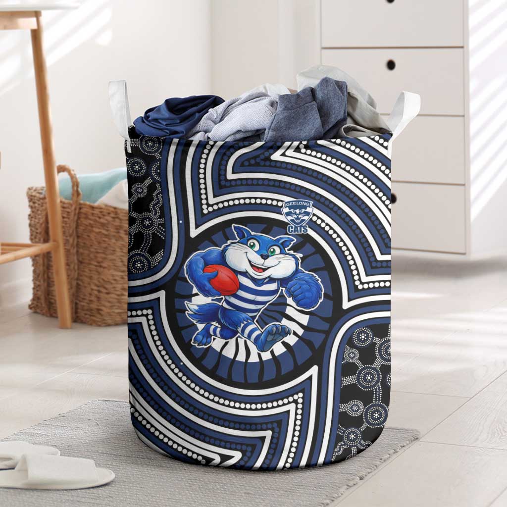 Geelong Cats Laundry Basket Indigenous Monochrome Dot Art Mascot Style