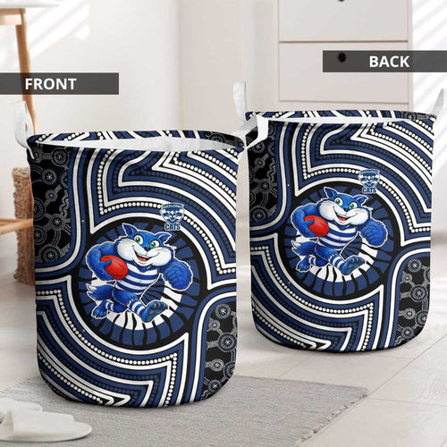 Geelong Cats Laundry Basket Indigenous Monochrome Dot Art Mascot Style