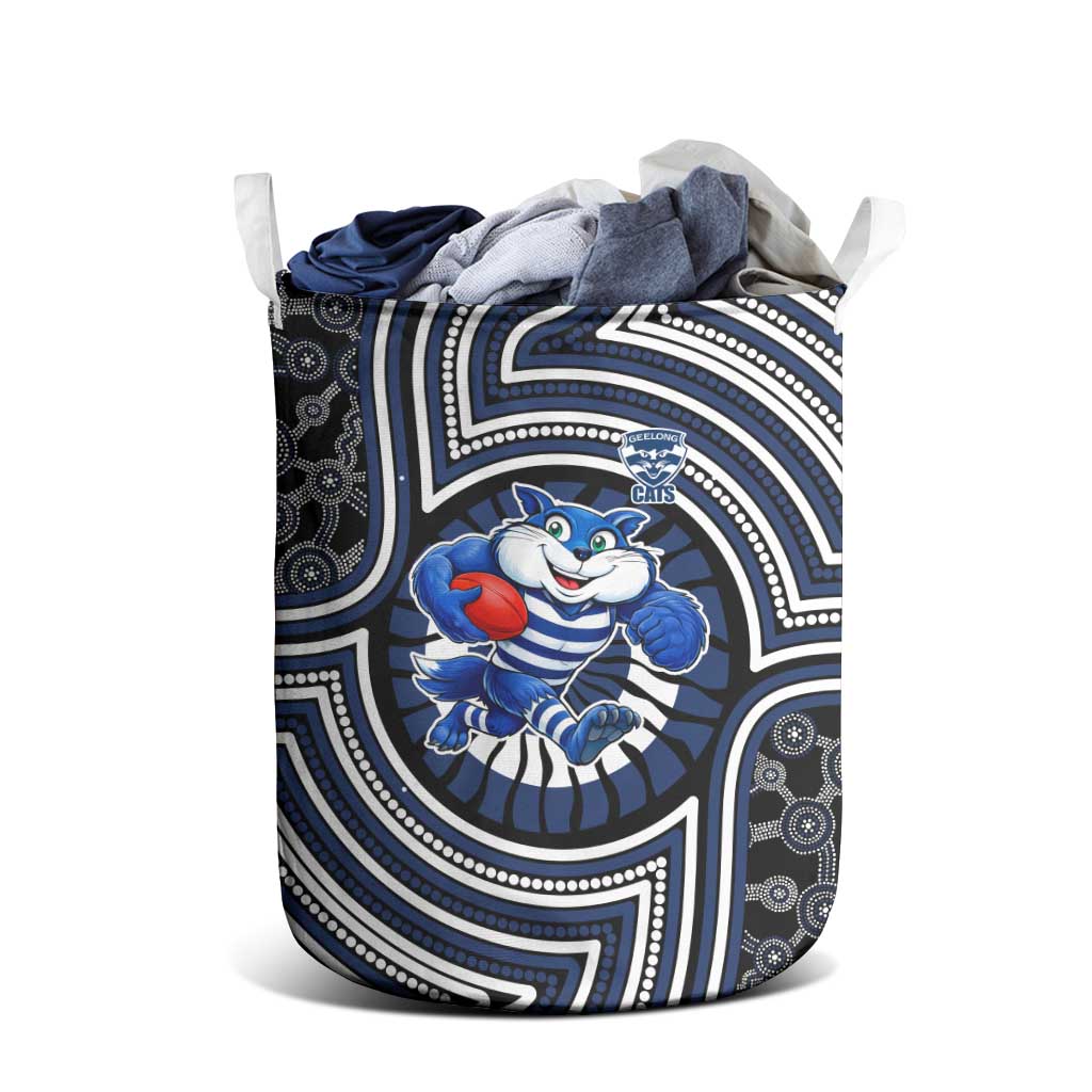 Geelong Cats Laundry Basket Indigenous Monochrome Dot Art Mascot Style