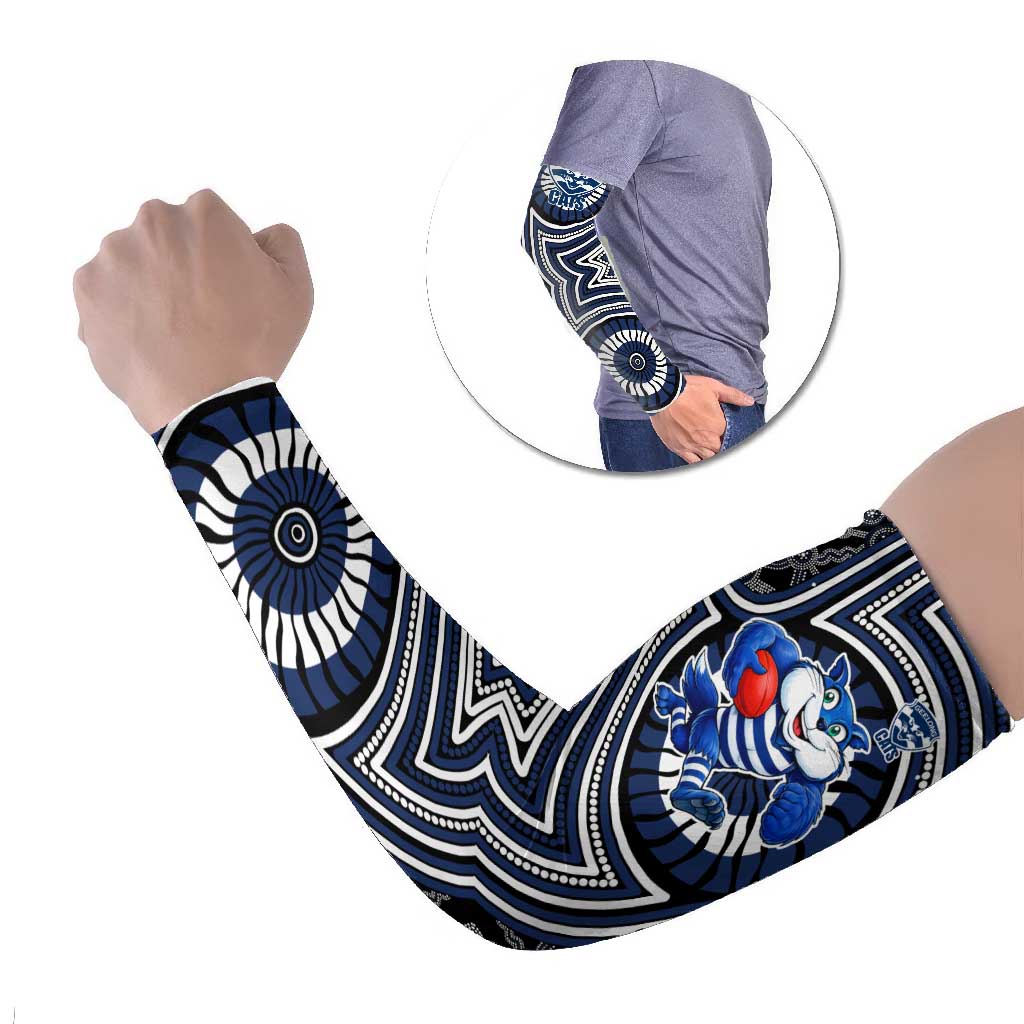 Geelong Cats Arm Sleeves Indigenous Monochrome Dot Art Mascot Style