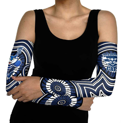 Geelong Cats Arm Sleeves Indigenous Monochrome Dot Art Mascot Style