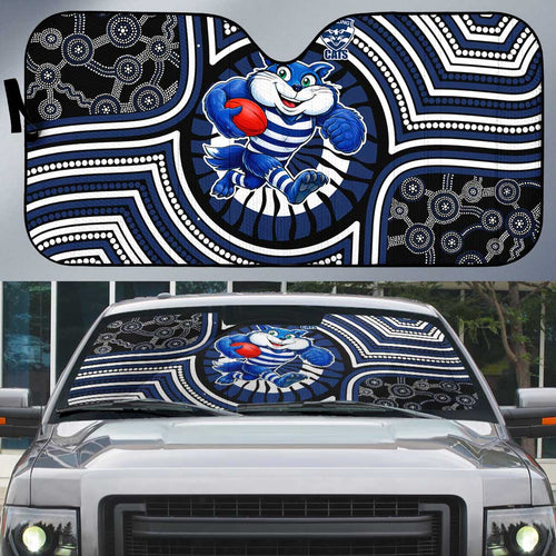 Geelong Cats Auto Sun Shade Indigenous Monochrome Dot Art Mascot Style